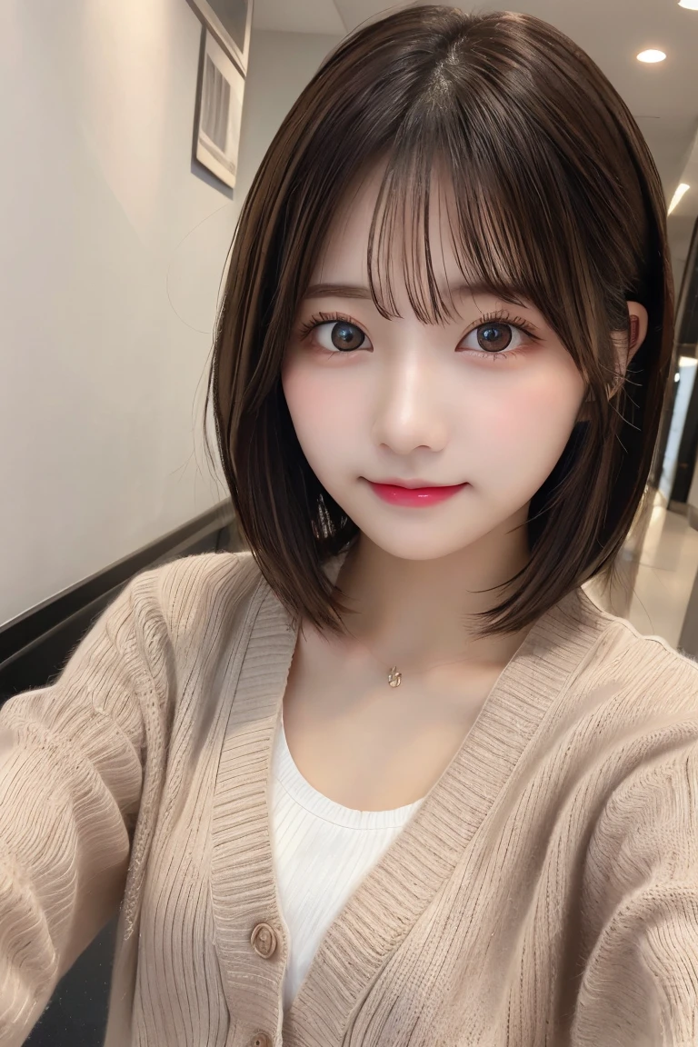 Highest quality, (beautiful)、Super delicate eyes、Brown eyes、22-year-old female、Brown Hair、Selfie、looking at the camera、Semi-short hair、cardigan