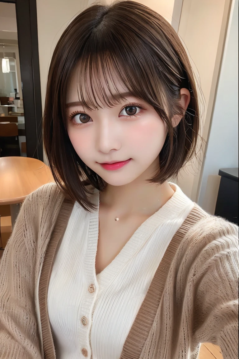 Highest quality, (beautiful)、Super delicate eyes、Brown eyes、22-year-old female、Brown Hair、Selfie、looking at the camera、Semi-short hair、cardigan