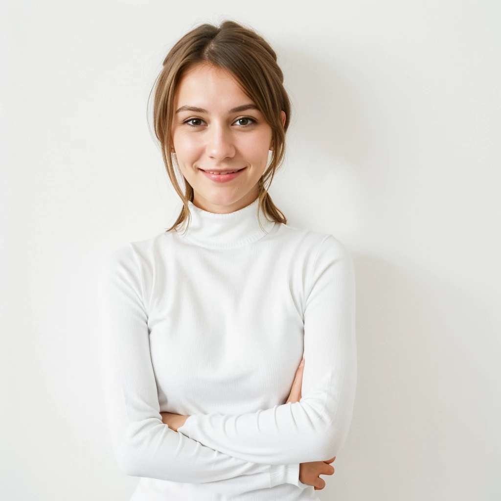 a woman standing with her arms crossed and a smile on her face, a stock photo, inspired by Christen Dalsgaard, shutterstock, frontal portrait of a young, white background wall, in white turtleneck shirt, aluminium
