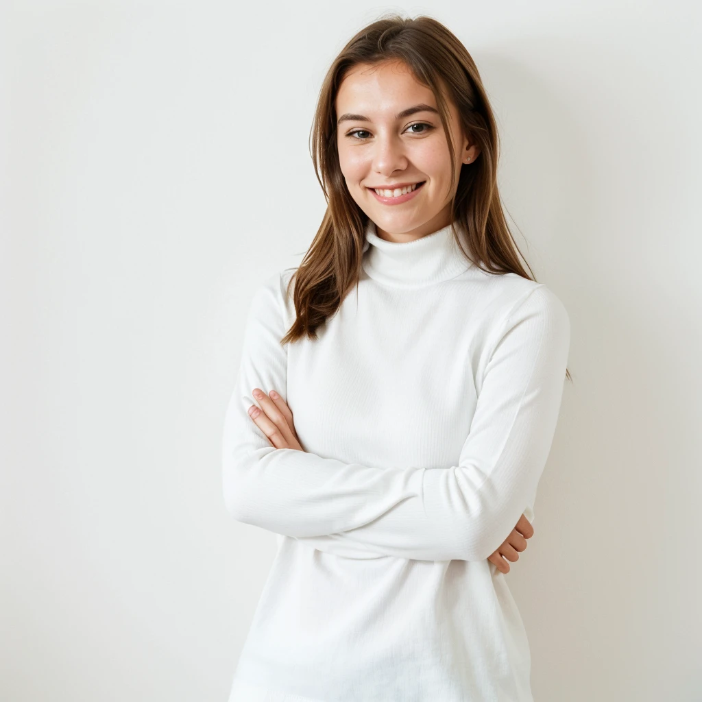 a woman standing with her arms crossed and a smile on her face, a stock photo, inspired by Christen Dalsgaard, shutterstock, frontal portrait of a young, white background wall, in white turtleneck shirt, aluminium