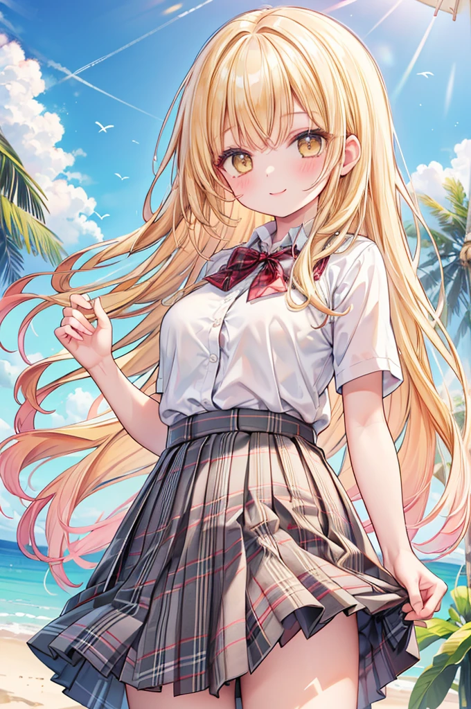 masterpiece, best quality,
1girl, view from below,
(lift up the plaid skirt:1.4), (summer school uniform:1.3), white bikini bottoms, yellow hair, smile,
sandy beach,