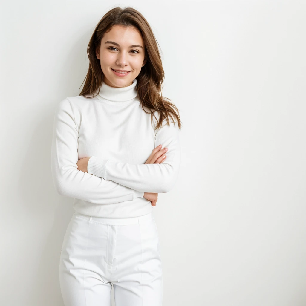 a woman standing with her arms crossed and a smile on her face, a stock photo, inspired by Christen Dalsgaard, shutterstock, frontal portrait of a young, white background wall, in white turtleneck shirt, aluminium