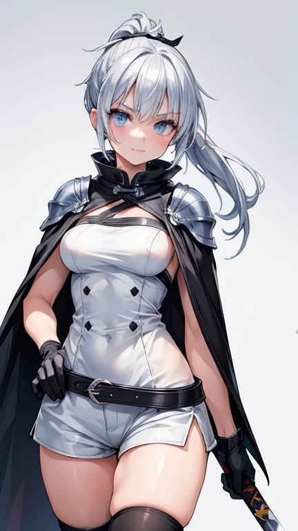 Adult features tall Light blue eyes Gray Hair ponytail Slit eyes laugh at Glare frivolous attitude Evil Face White shirt Black hot pants Black long gloves Black knee socks Shoulder cape grassland Carrying a Japan sword on your shoulder looking at the camera