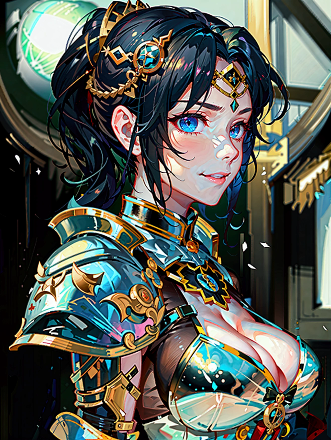 ((Princess Warrior) ((Saito Dosan)), (Female), (Saito Dosan Female) (Big Breasts) (Black Hair,) ((Right Side Ponytail)), (Armor) (Alluring Smile), ((Adult Woman))(40歳)