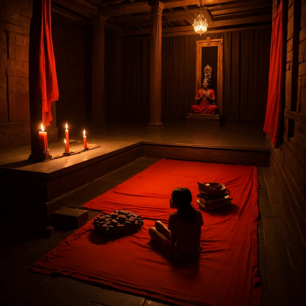 In a dark room, a 50-year-old man wearing a red cloth is sitting on the floor performing yajna at the yajna altar.  Only the back of the man is visible.  The dark room is dimly illuminated by the light of the sacrificial fire.  On the wall in front of the manor is a terracotta Hindu goddess, seated on Padmasana.