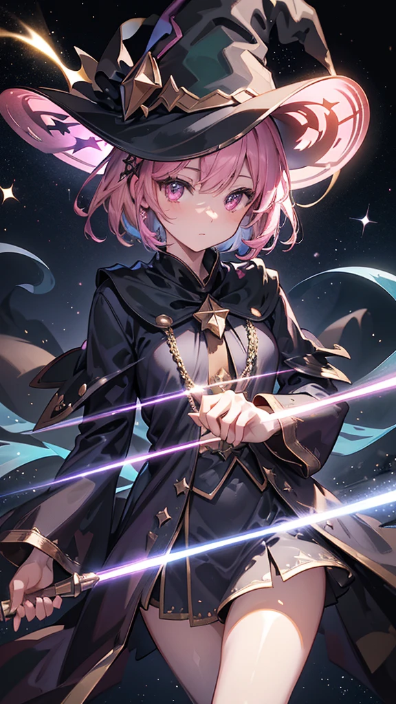 Best quality, Ultra detailed, best quality, insanely detailed, beautiful, masterpiece, 8k, 
break  
Lens Flare,night sky, Streaks of Light,refraction Glowing white lines ,Crossing Light,Shining Background, light particles
break 
Dark Forest,
break 
1lady,  sclupture, pink hair, short hair, witch hat, green hat, gold Crescent-shaped ornament, on hat, pink eyes, witch robe, dark blue robe, gold star-shaped ornament on the center of chest, wand on right hand, sparkling wand, shimmering aura around lady, 
Break
Wide shot, long shot,