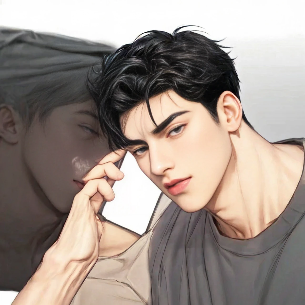 masterpiece, 1boy, adult, handsome, black hair, undercut hair, perfect face, detailed eyes and face, black eyes, clean shaved, muscular, capturing a rural atmosphere, dynamic lighting, unreal engine 5, hd picture, hold the cellphone