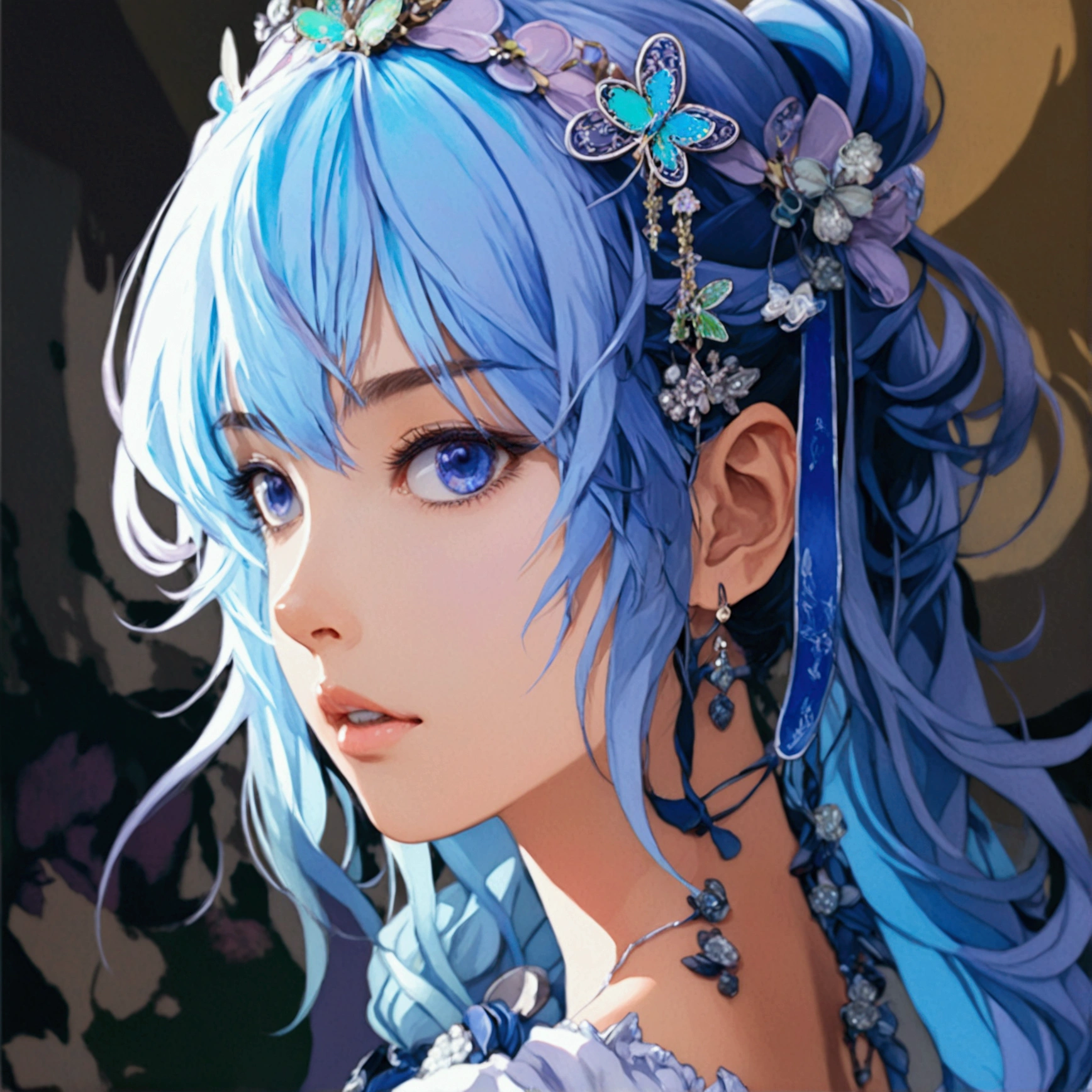 Light blue hair、Blue ribbon hair ornament、Light blue eyes