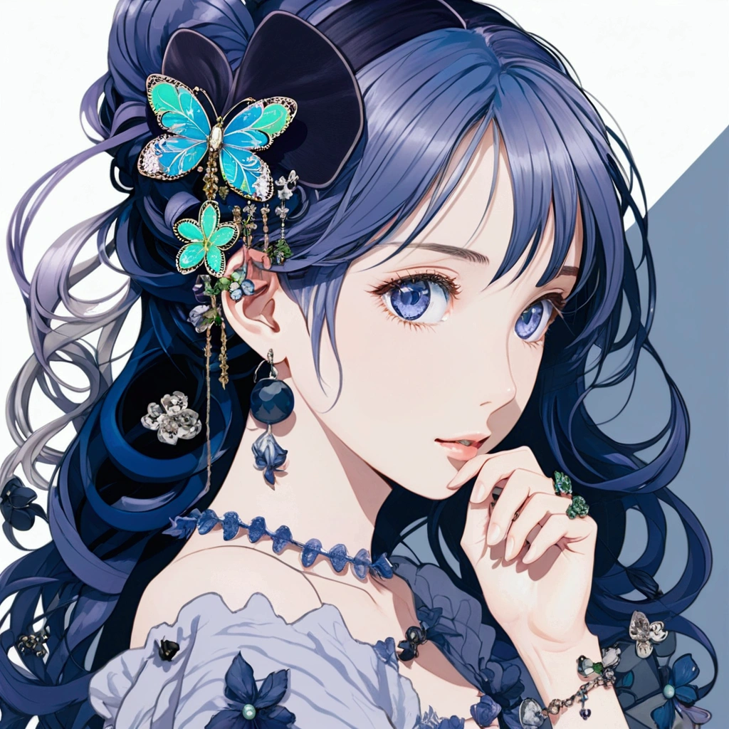 Light blue hair、Blue ribbon hair ornament、Light blue eyes