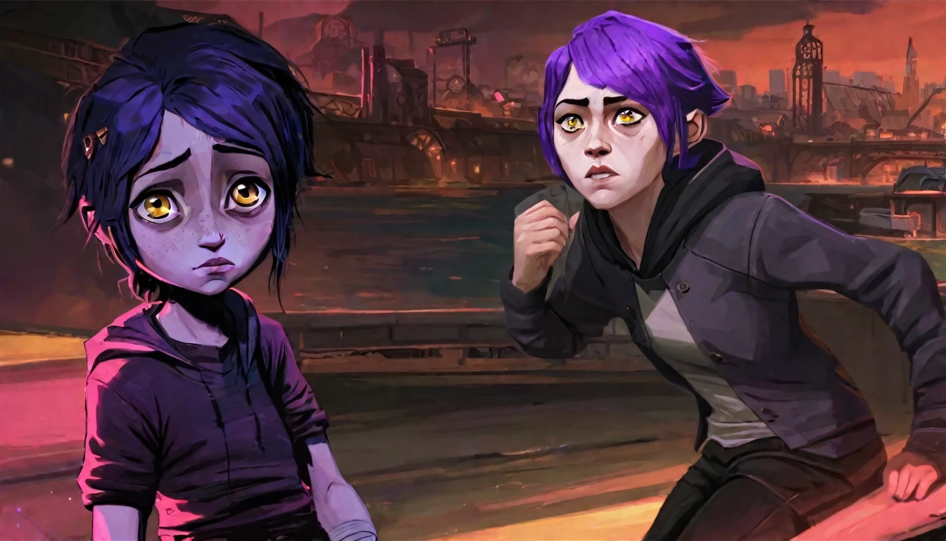 score_9, score_8_up, score_7_up, score_6_up, score_5_up, score_4_up, BREAK Arcane, best aesthetic, league of legends, thin, pale skin, skinny, tired expression, low ponytail, purple hair, yellow eyes, eye bags, tired expression, purple hoodie, thick thighs, black shorts, tight clothing, city background, purple clothes with black highlights,