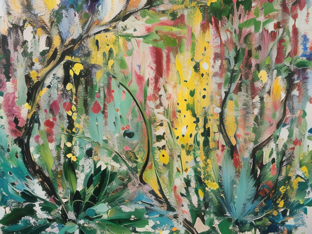 painting,Prosperity Flower,A bush with green leaves, Psychedelic Plants, Inspired by Jean Paul Riopelle, Inspired by Pollock, Rich colors w 1024, Vibrant vegetation, Vivid vegetation, painting风格,Jackson Pollock style, Colorful jungle, Inspired by Jackson Pollock, Covered with shiny spots, Full of flowers, Spring vitality