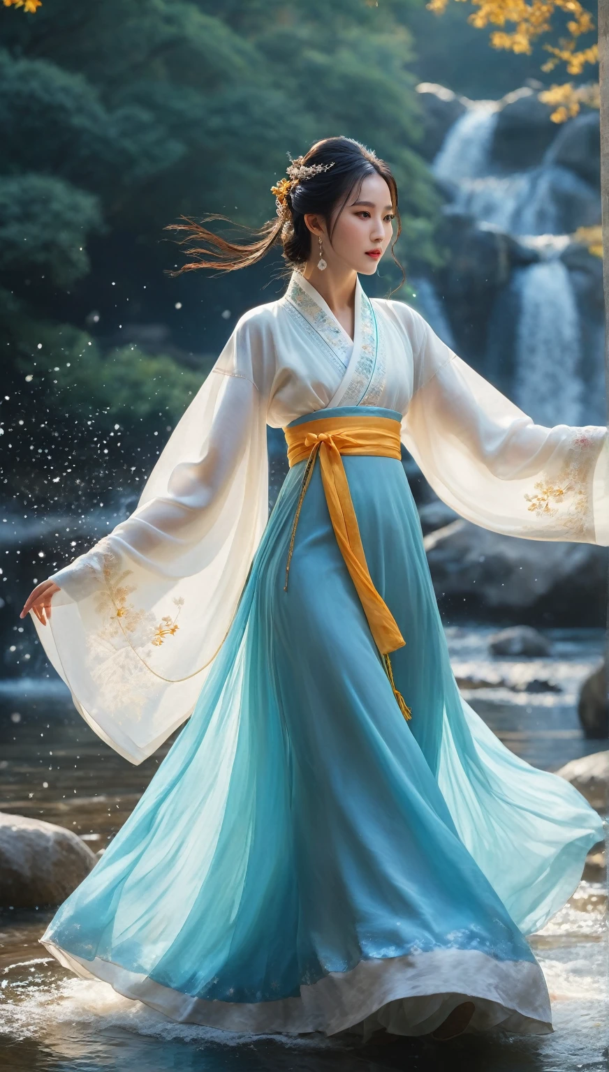 beautiful Korean woman, (((Mikamaria))), intricate pure white hanbok dress, spinning frantically, translucent stinging air particles on the hem of the dress ,Flying in the air like a Chinese movie,  (extremely detailed CG unity 8k wallpaper,masterpiece, best quality, ultra-detailed),(incredible lighting, dynamic camera angle),blue water splashing,stream, flowing water, beautiful girl with long black hair, elegant wuxia dress,watercolor, 70's retro filter, high-detail skin: 1.2) , 8K ultra-hd, DSLR, high quality, high resolution, 8K,winter hanfu, fur collar,