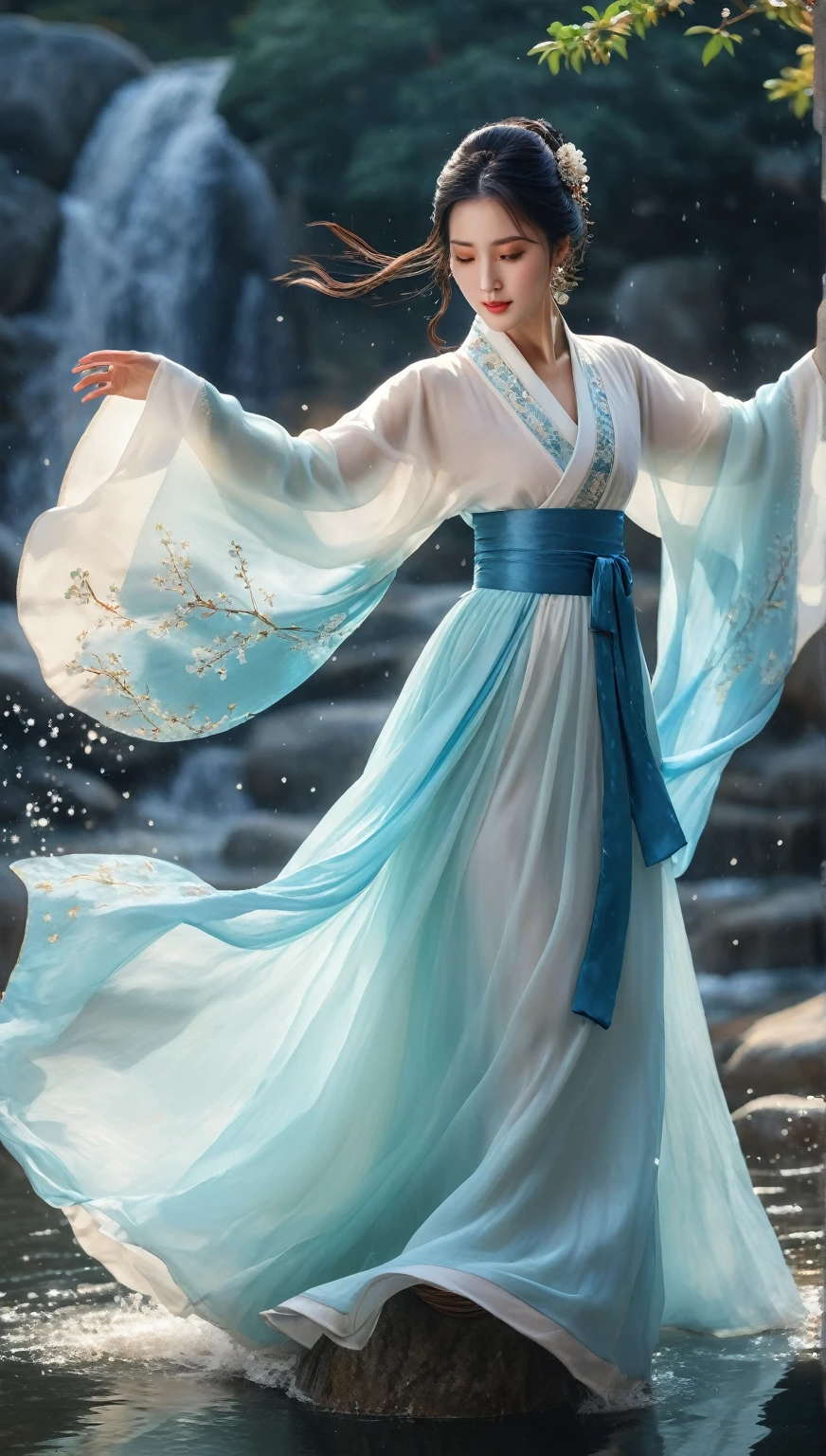 beautiful Korean woman, (((Mikamaria))), intricate pure white hanbok dress, spinning frantically, translucent stinging air particles on the hem of the dress ,Flying in the air like a Chinese movie, (extremely detailed CG unity 8k wallpaper,masterpiece, best quality, ultra-detailed),(incredible lighting, dynamic camera angle),blue water splashing,stream, flowing water, beautiful girl with long black hair, elegant wuxia dress,watercolor, 70's retro filter, high-detail skin: 1.2) , 8K ultra-hd, DSLR, high quality, high resolution, 8K,winter hanfu, fur collar,