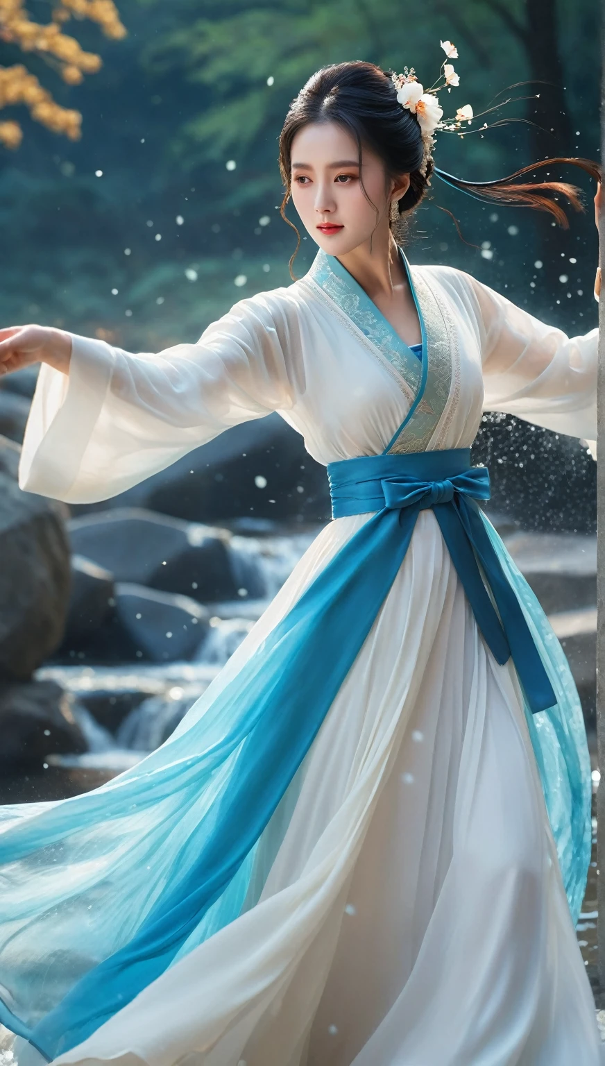 beautiful Korean woman, (((Mikamaria))), intricate pure white hanbok dress, spinning frantically, translucent stinging air particles on the hem of the dress ,Flying in the air like a Chinese movie, (extremely detailed CG unity 8k wallpaper,masterpiece, best quality, ultra-detailed),(incredible lighting, dynamic camera angle),blue water splashing,stream, flowing water, beautiful girl with long black hair, elegant wuxia dress,watercolor, 70's retro filter, high-detail skin: 1.2) , 8K ultra-hd, DSLR, high quality, high resolution, 8K,winter hanfu, fur collar,