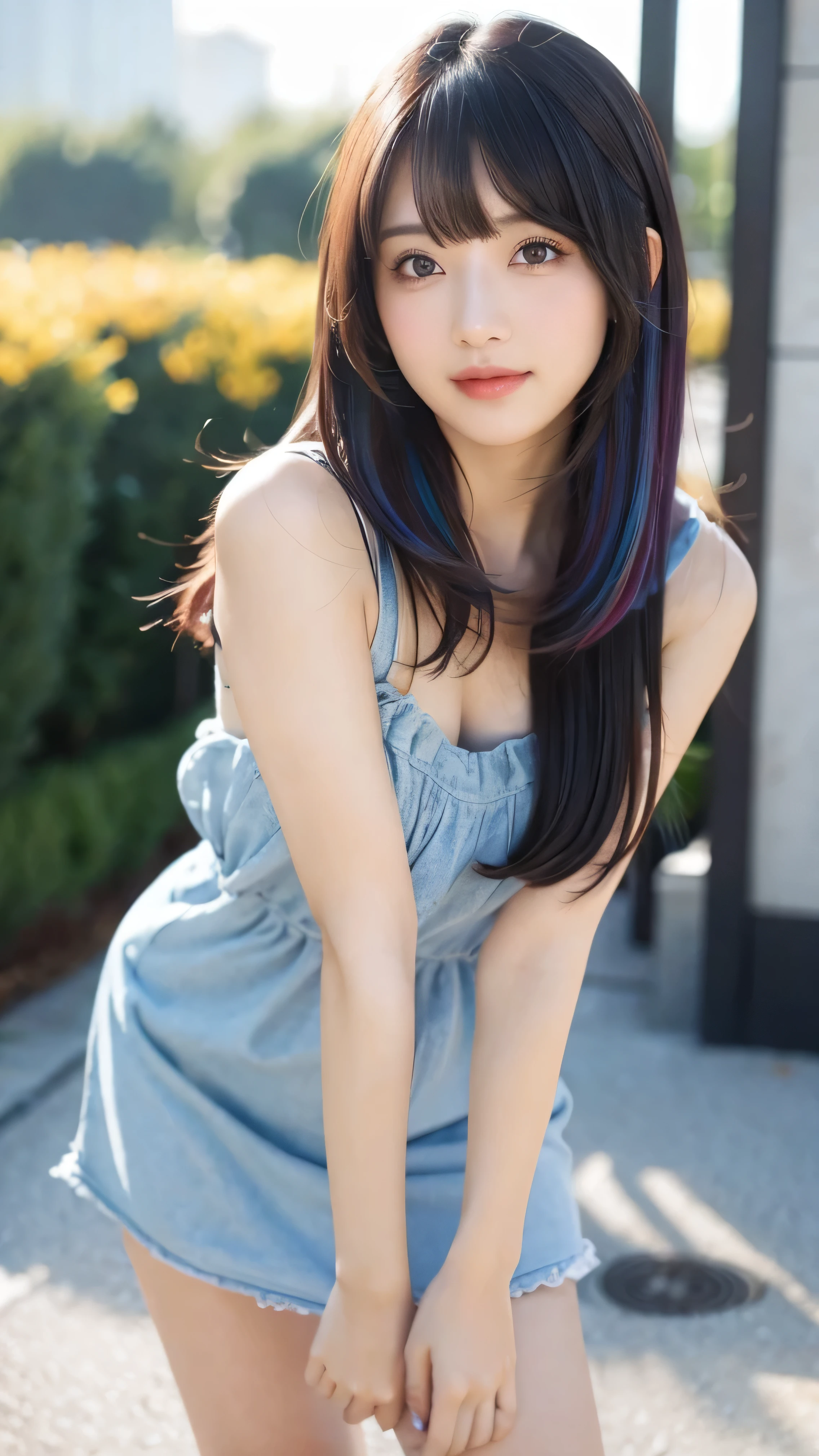 Coloured inner hair、Hands realistic、Fingers realistic、Legs realistic、Parted bangs、Halo、Real skin type、Real Photo、Colored contact lenses、Beautiful smile、Realistic Style、Blurred Background、Social Media Configuration、Full body photo、Wide Shot、Bokeh、8K、Highly detailed skin、masterpiece、Super detailed、Photorealistic、Physically Based Rendering、professional、Nail art