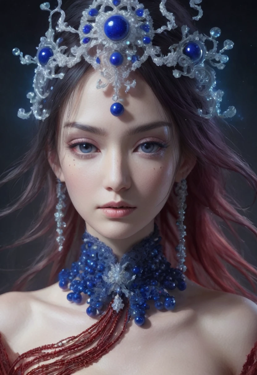 Illustration Fog, Starlight, 美丽of东方舞者, Hair with beads and rhinestones, Transparent top, The whole body is visible. mystery, 美丽of垃圾艺术画清晰of细节, Fractal, Jewelry, Lapis Lazuli Pearls, Rhinestones and thread, fiber,Deep Red, of, 绿色of, 黑色of, modern Art,一种新型of未来主义, 篝火旁of田野, 按照 Alyona Nalivkina of风格