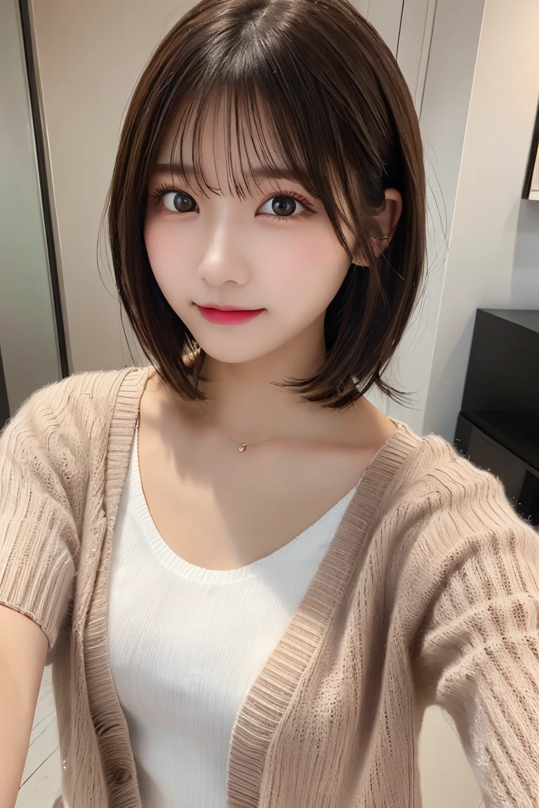 Highest quality, (beautiful)、Super delicate eyes、Brown eyes、22-year-old female、Brown Hair、Selfie、looking at the camera、Semi-short hair、cardigan、camisole