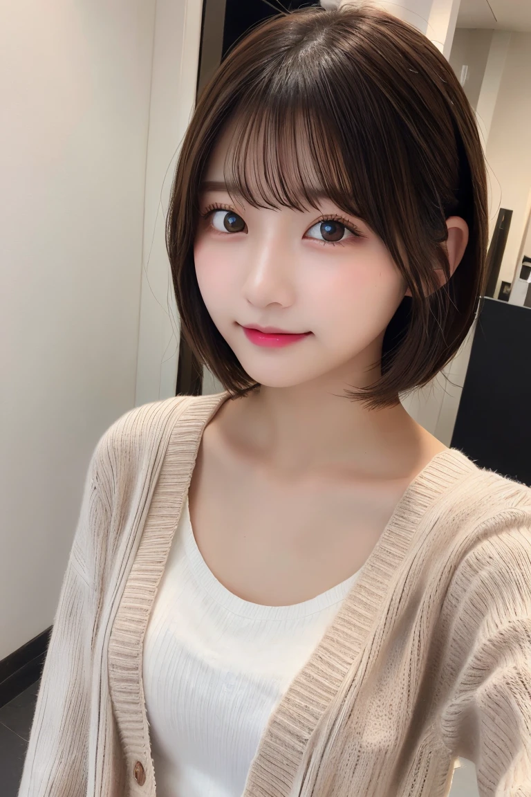 Highest quality, (beautiful)、Super delicate eyes、Brown eyes、22-year-old female、Brown Hair、Selfie、looking at the camera、Semi-short hair、cardigan、camisole