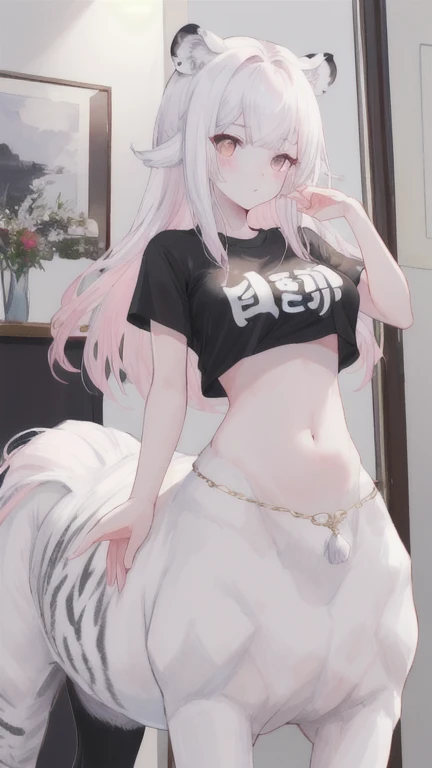 (best quality, masterpiece), 1 girl, centaur, It takes, White skin, Korean ,daughter, black pink, exposing the abdomen, belly button t-shirt , 아름다운 소녀 Perfect wild white tiger photo, Perfect wild white tiger photo