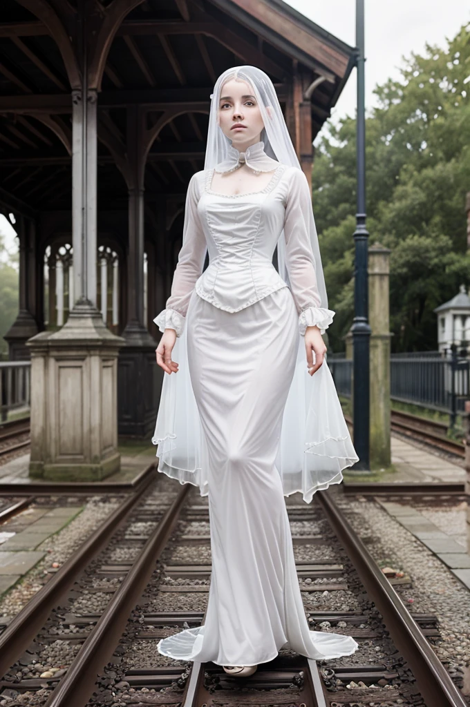 Create an image of Ghostly woman appearing on the old platform"
Details: Full body shot of a translucent, ethereal woman figure on the platform, Victorian-era clothing, pale and otherworldly appearance, platform visible through her form