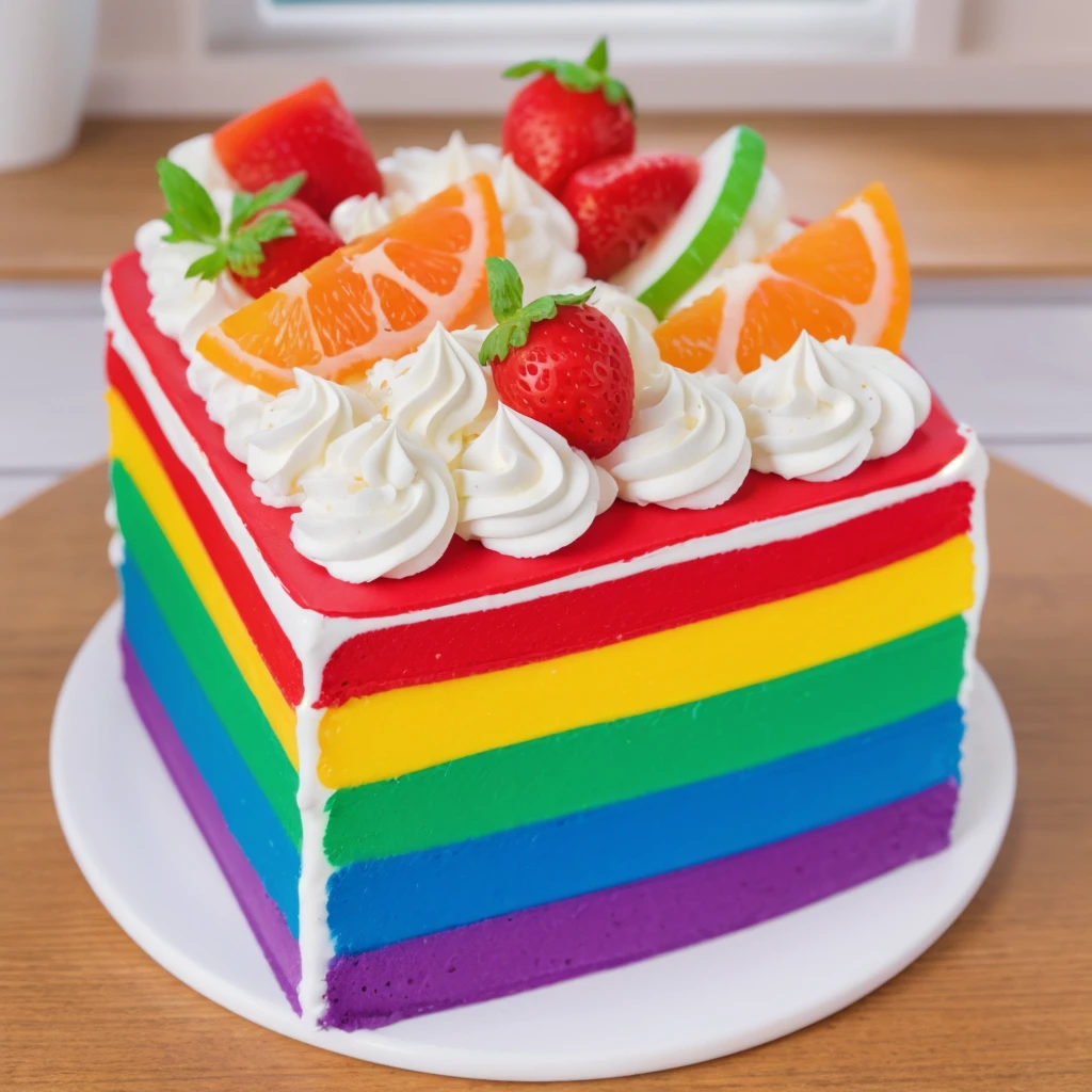 on a wooden table, on a porcelain plate, a tiny cream rainbow cake, with cream lines drawn on its edges, white cream swirls, tiny strawberries, oranges and watermelon slices made of polymer clay on the cake, window light, bright lights, soft light, window light, professional lighting, light from the window, neat light, realistic texture, realistic style, detailed texture, high quality, high resolution, high quality rendering, realistic photo, brightning light, macro photo