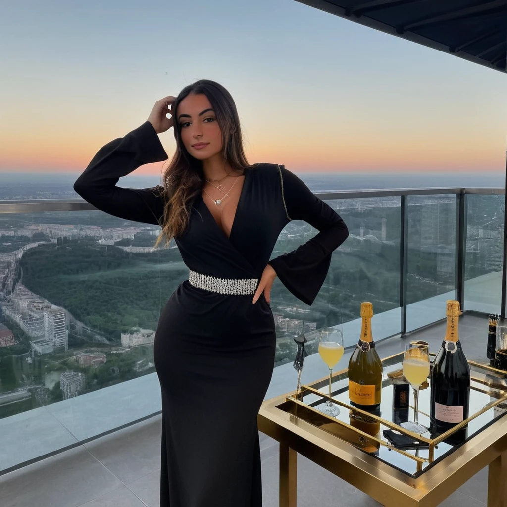 une femme séduisante dans un cadre parfait pour un post Instagram. La femme a une silhouette élancée et porte une robe moulante élégante de couleur ???? satinée avec des détails scintillants et sophistiqués. Ses cheveux sont longs, lisses et noir corbeau, tombant avec grâce sur ses épaules. Elle porte un maquillage glamour avec un rouge à lèvres carmin et un eye-liner prononcé. La femme pose de manière confiante, une main sur la hanche et l'autre tenant une coupe de champagne, avec un sourire captivant et séduisant sur son visage. Le décor est une terrasse de style moderne située sur le toit d'un gratte-ciel avec une vue spectaculaire sur la ligne d'horizon d'une ville illuminée de nuit. La terrasse est équipée de meubles minimalistes en bois clair et métal, incluant des canapés blancs aux coussins moelleux et des tables basses en verre transparent. Des lumières LED intégrées au sol et des lampes design ajoutent une ambiance élégante et futuriste. À proximité, une table haute en marbre est décorée avec des bougies parfumées, des coupes de champagne et des amuse-bouches gastronomiques, ajoutant une touche de sophistication et de glamour. Il y a également un bar à cocktails stylé avec des barmans professionnels prêts à servir des boissons exclusives garnies de fruits frais et de herbes aromatiques. La palette de couleurs est chic et contemporaine, dominée par des tons de noir, d'or et de blanc, avec une ambiance générale de luxe, de séduction et de sophistication urbaine.
