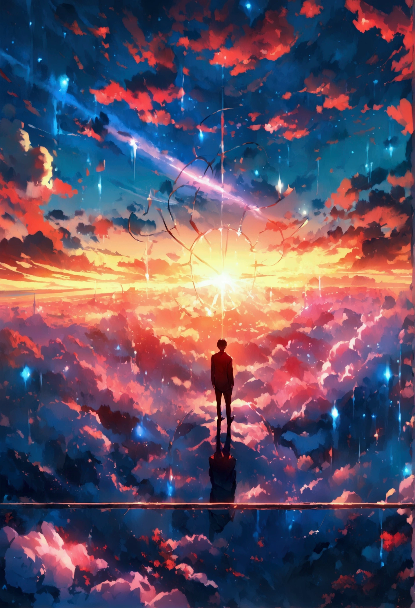 Very detailed CG Unity 8K 壁紙、Cinematic lighting、lens flare、beautiful detailed eyes、landscape、Ultra HD、cloud、8K quality、ultra sharp、Real light、surreal、Funny resolutions, A high resolution, (masterpiece:1.4), Very detailed, One boy One boy One boy One boy, view from above, space, Floating, - At six o'clock'times