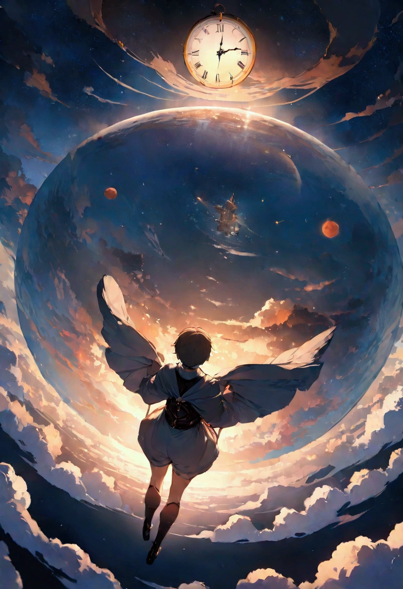 Very detailed CG Unity 8K 壁紙、Cinematic lighting、lens flare、beautiful detailed eyes、landscape、Ultra HD、cloud、8K quality、ultra sharp、Real light、surreal、Funny resolutions, A high resolution, (masterpiece:1.4), Very detailed, One boy One boy One boy One boy, view from above, space, Floating, - At six o'clock'times