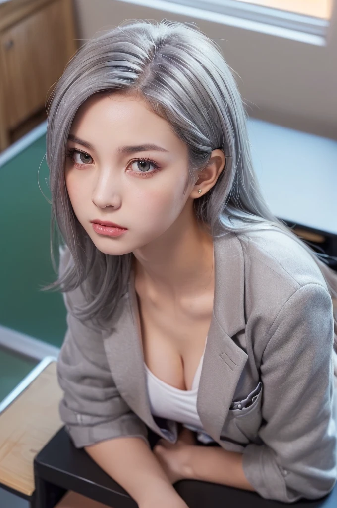 ((8K, RAW Photos, Highest quality, masterpiece), High-resolution RAW color photos、Professional close-up photography, (Realistic, Photorealism: 1.37), (Highest quality), (Best Shadow), (Best illustrations), clavicle ((big)), ((erotic, sexy, Ultra-high resolution, High quality CG integrated 8K wallpaper, Physically Based Rendering, Cinema Lighting), (aegyo sal:1), 18-year-old girl, (Grey blazer: 1.2), High school classroom, Beautiful details in the eyes, Light on the face, ((Full Body Shot: 0.8)), Particularly strong light, (Upward glance, A little angry:1.2),Shiny skin, (((Gray Hair, Long Hair:1.2))), Urzan-6500-v1.1:0.2, (flash:1.2), Browsing Caution , (Puffy), ((Seductive posture: 1.2, Charm: 1.2)), (Idol), (sitting at a desk in the classroom: 1.2)), ((Excellent anatomy: 1.2)), ((Bright and refreshing classrooms, The background is blurred: 1.2)), Perfect Face, Cute face, (High angle shot:1.4)