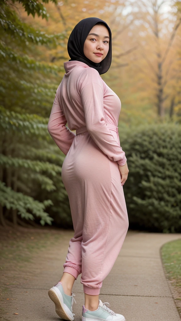 ((best quality)), ((masterpiece)), ((realistic)), woman, 15-year-old, Japanese girl, wearing black Hijab , short girl, mesmerizing blue eyes, extremely detailed, natural skin tone, saggy breast, skin with pores, big ass, enormous hips, tight thighs, wearing pink long sleeves plicated suit maxi dress, fitted maxi dress, portrait, full body shot, fit body, wearing pink shoes, back view, side shot, walking in park, shallow depth of field, body fully covered with clothes except face and hands