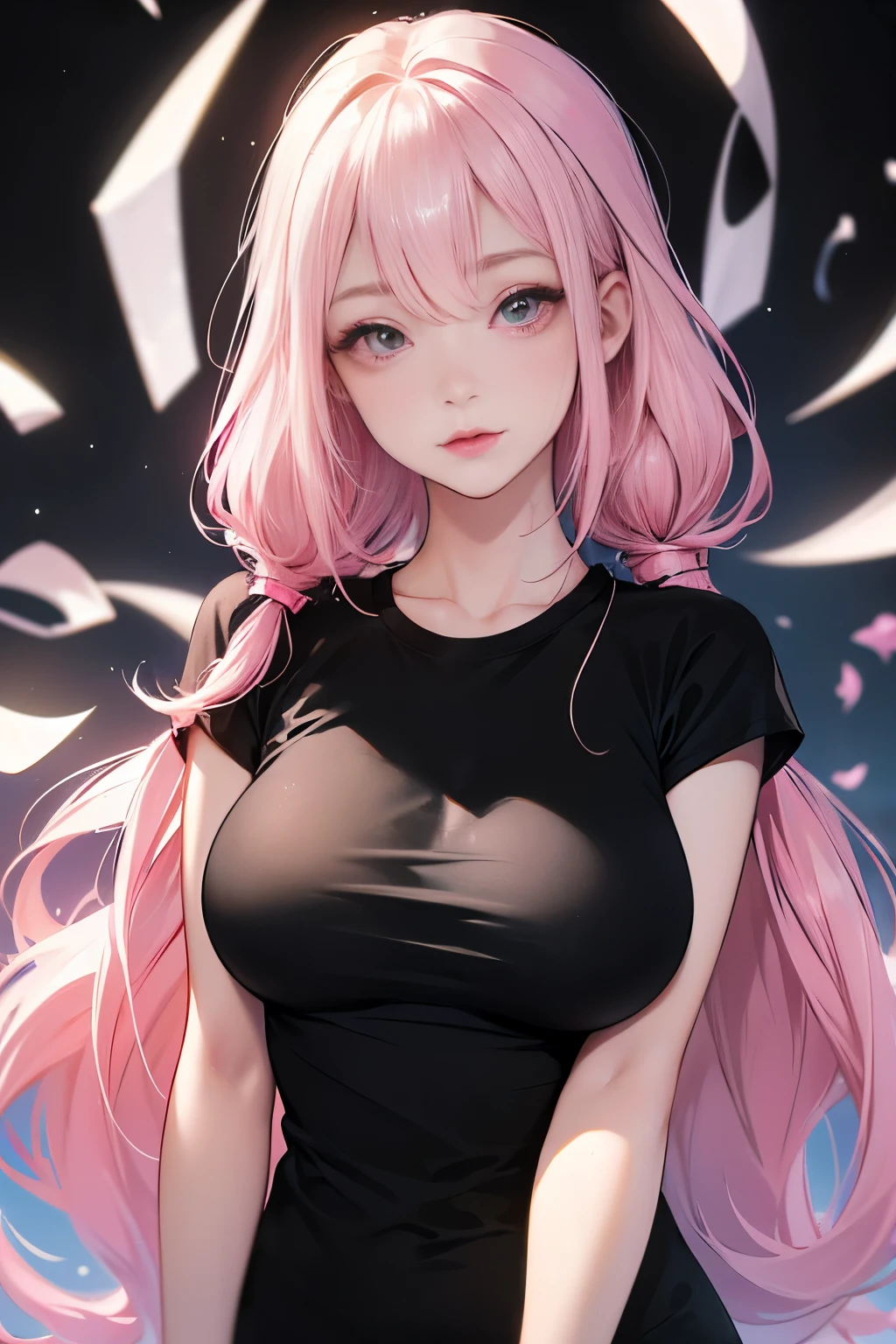 ((Upper body photo))、Cute face、Pink Hair、Long Hair、Twin tails、White skin、((Shooting from the front:1.5 ))、((Tight black t-shirt:1.5))。 ((Big Breasts)), Pointed nipples, masterpiece