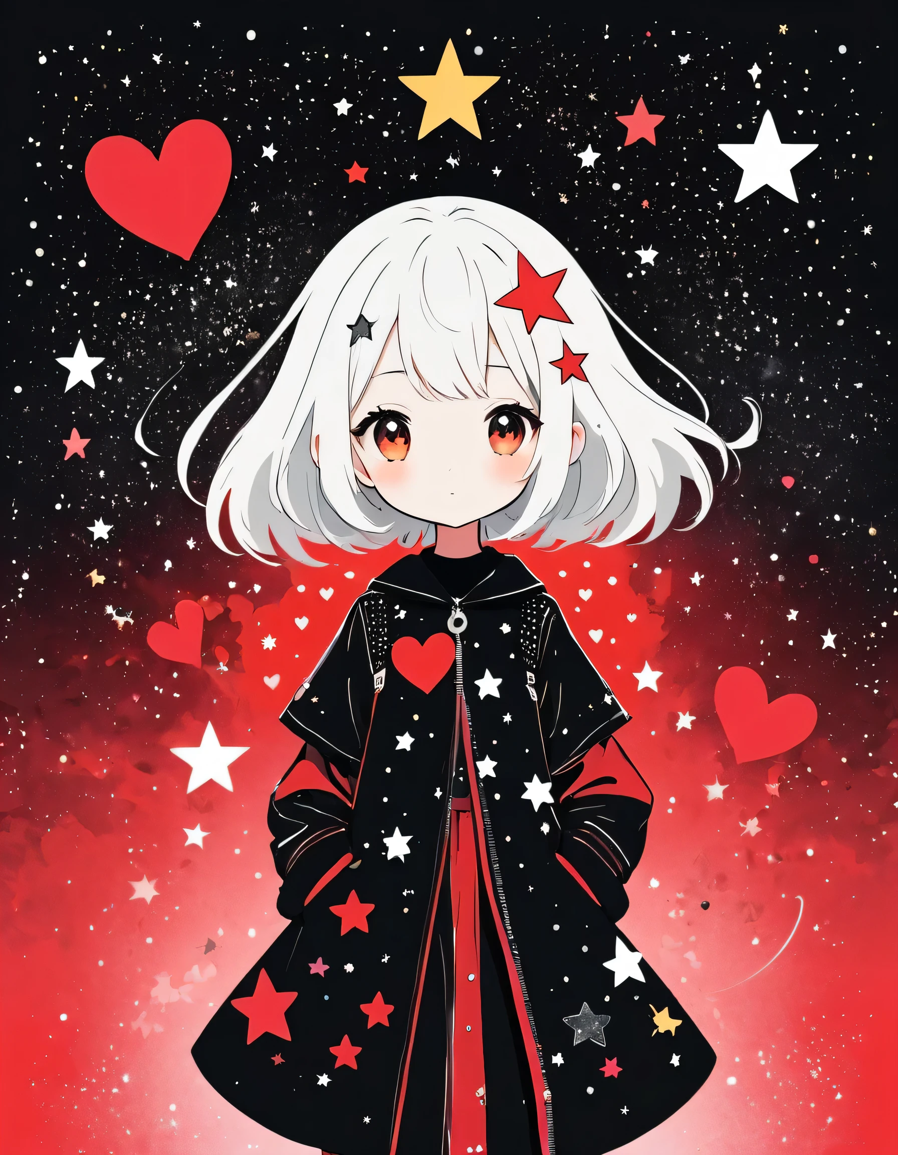 Black Star Red and White style, Simple Line Initialism,Abstract art,Kawaii Design, The most beautiful girl of all time, The background is star dust, colorful hearts, Cute Aliens