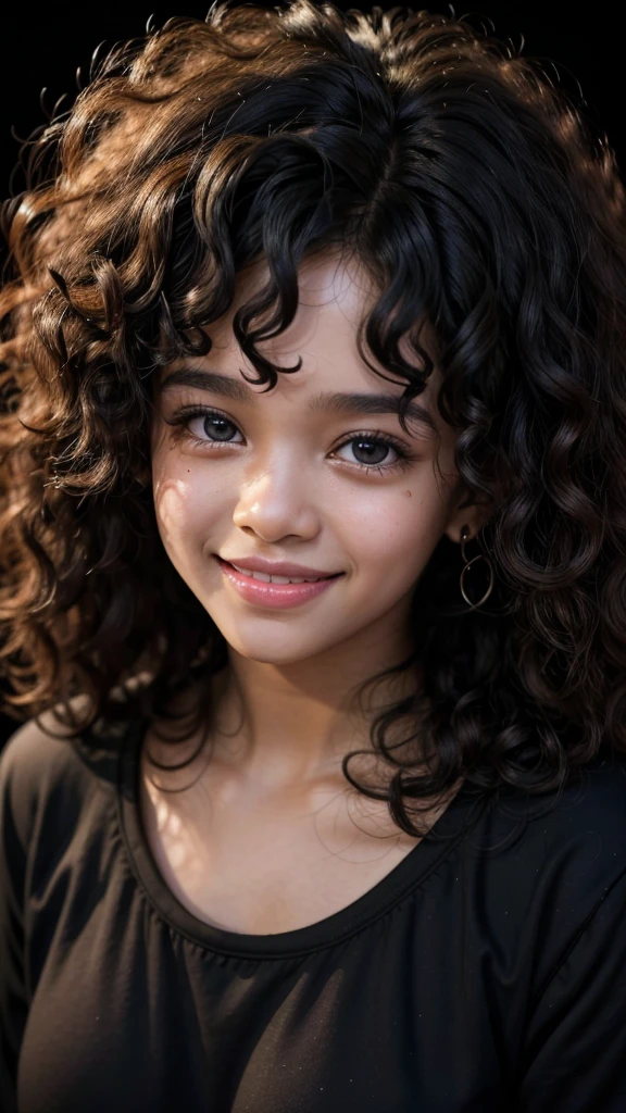 Face of a black girl with curly hair and a smile and tears in her eyes, and with a black background.