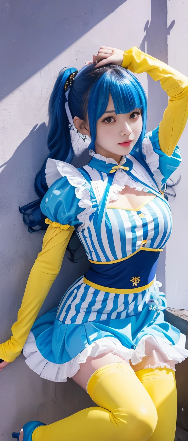 A cute and fairytale idol knight girl、whole body、Good style、、、、、、、、、、Thick legs、、Fluorescent blue and yellow striped armor dress（Candy texture）、Neat and clean idol face、Has a candy spear、、