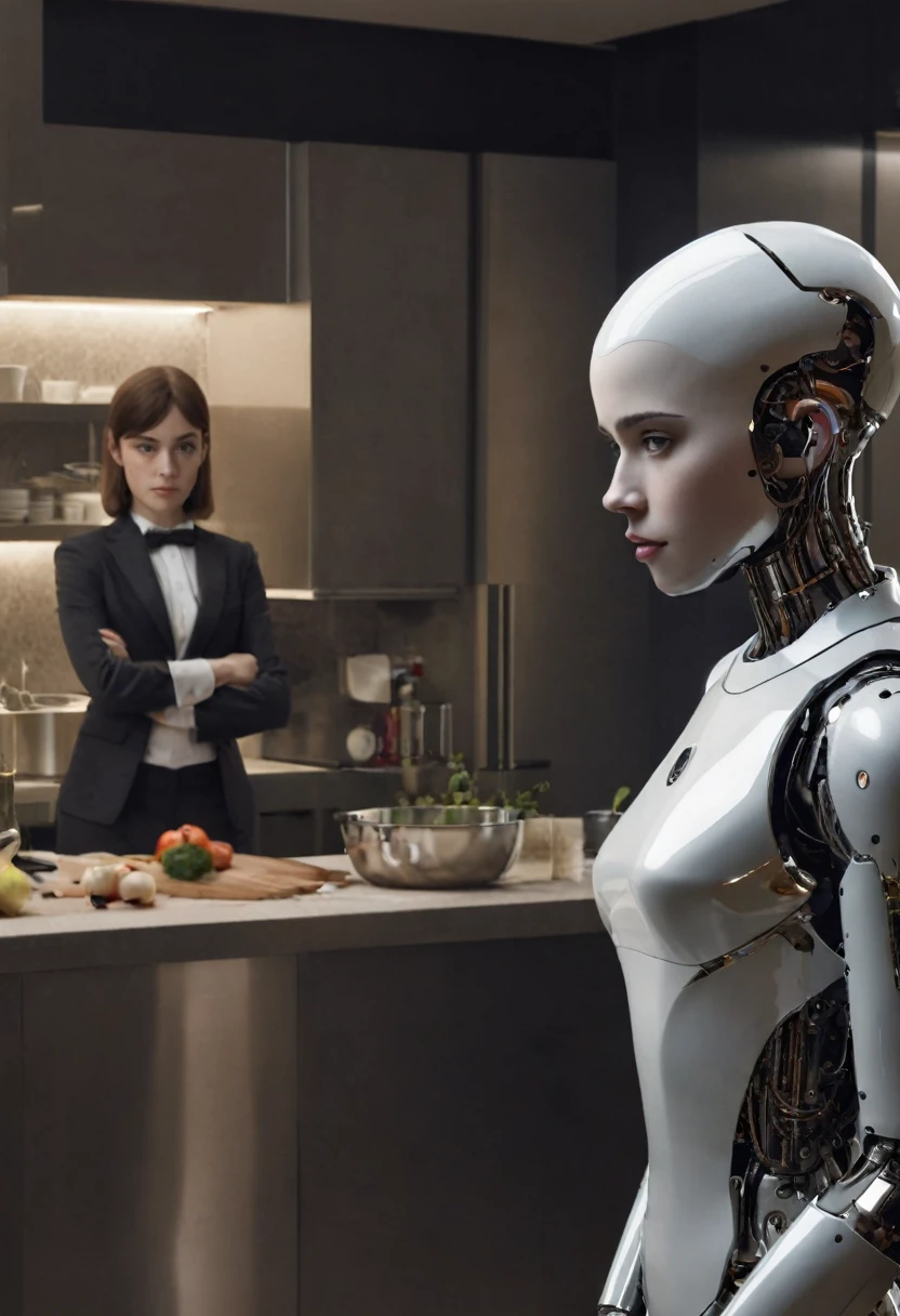 Robot in "Ex Machina" as Butler, girl face, kitchen, enhance, intricate, (best quality, masterpiece, Representative work, official art, Professional, unity 8k wallpaper:1.3)