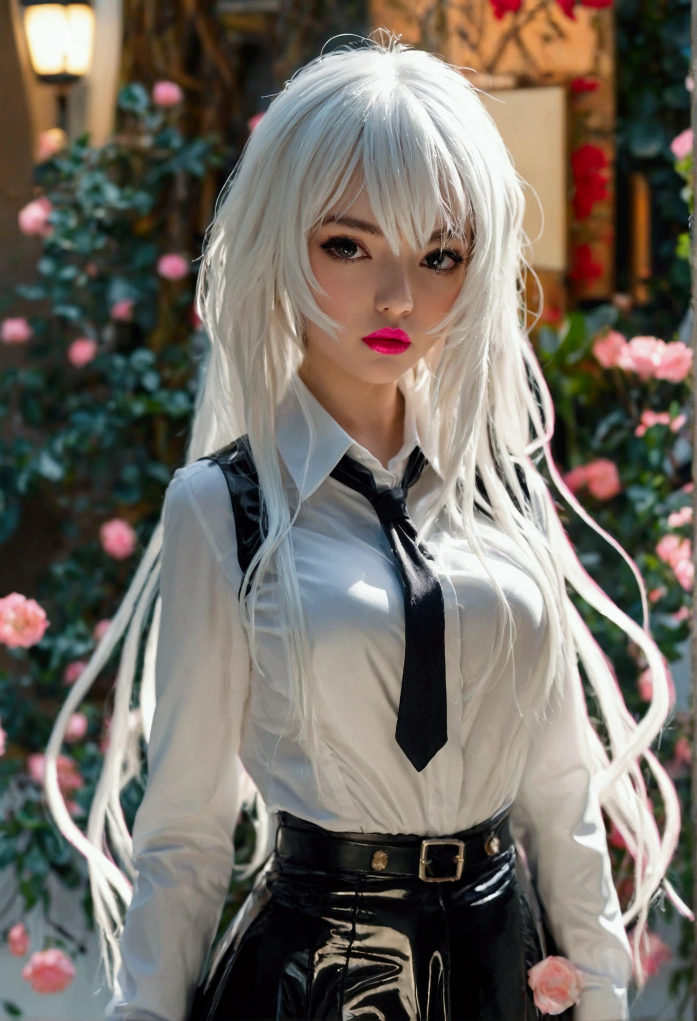 Girl，long whitr hair，Wear a white shirt，Black coat，black lence stockings，a black skirt，Uniformasterpiece，8K, latex leggings, pink lipstick