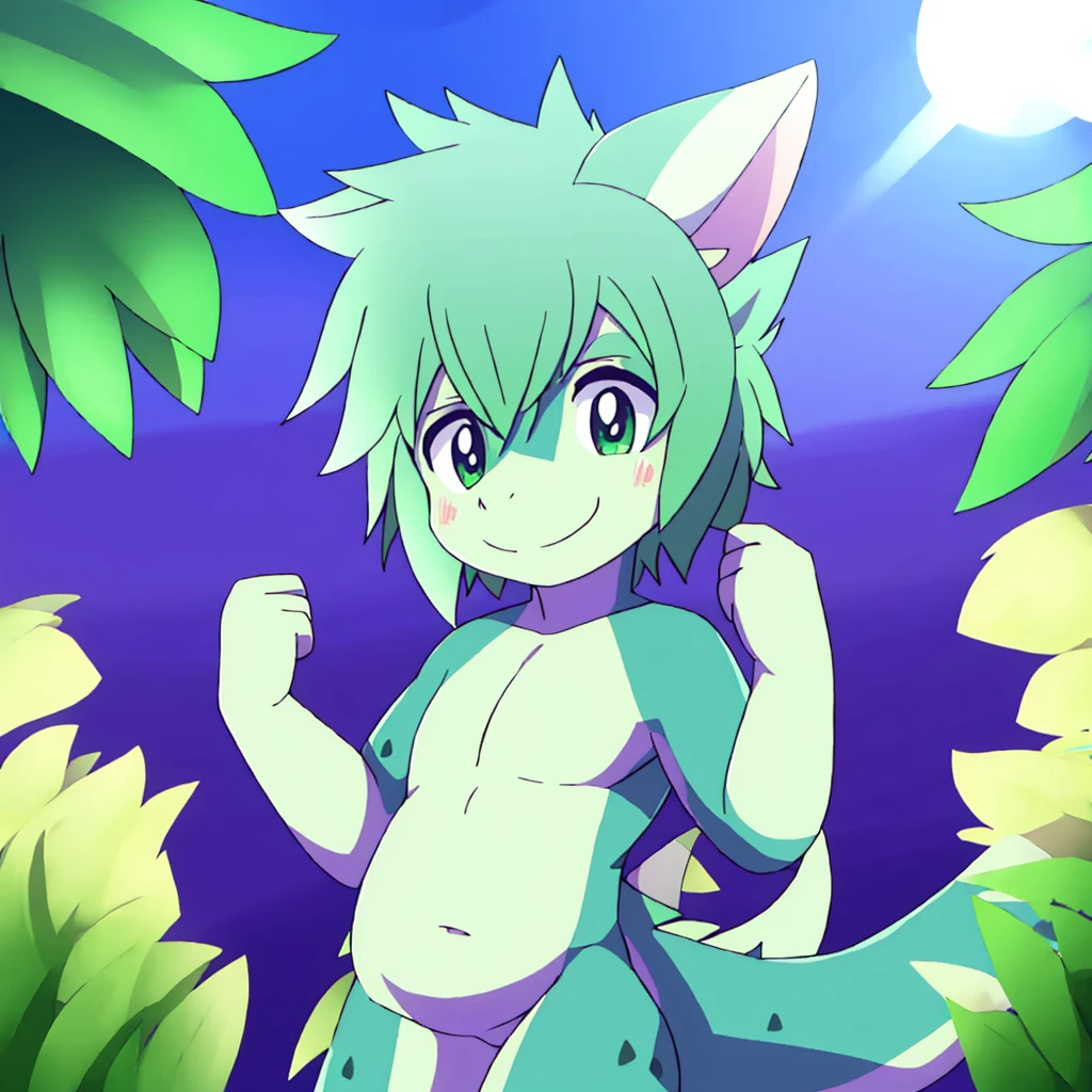 Dragon boy,Hair light green,Medium build,have a small belly,looks cute,has a soft tail,There are a little black dots on the tail,Smile