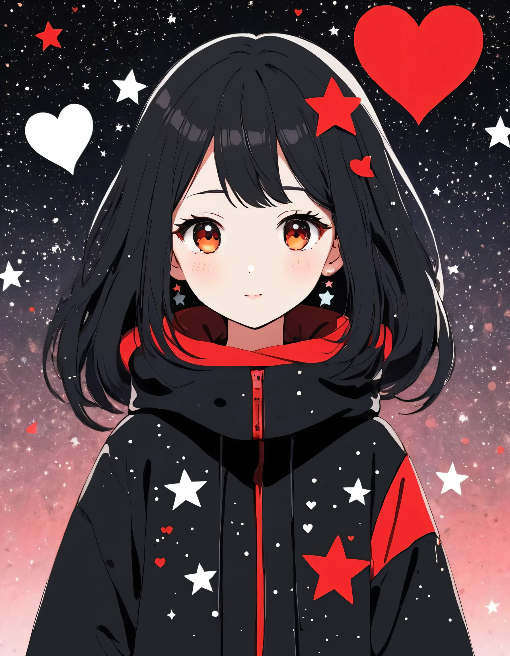 Black Star Red and White style, Simple Line Initialism,Abstract art,Kawaii Design, The most beautiful girl of all time, The background is star dust, colorful hearts, Cute Aliens