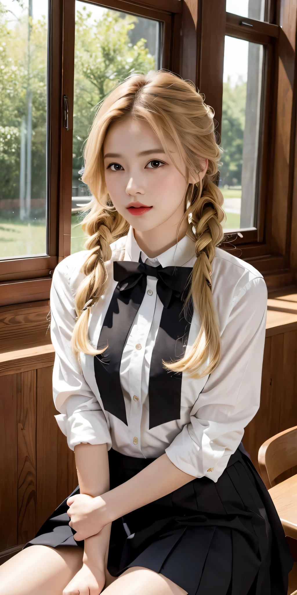 (extremely detailed CG unity 8k wallpaper,masterpiece, best quality, ultra-detailed),school classroom setting,sunlight filtering through trees,beautiful blonde high school girl with twintails and ahoge(D-cup),smartphone in hand,fidgeting with it,beautiful black-haired high school girl,thin and flat-chested, wearing sailor uniform,sitting on chair and having conversation with blonde girl who is sitting on desk,in the evening.