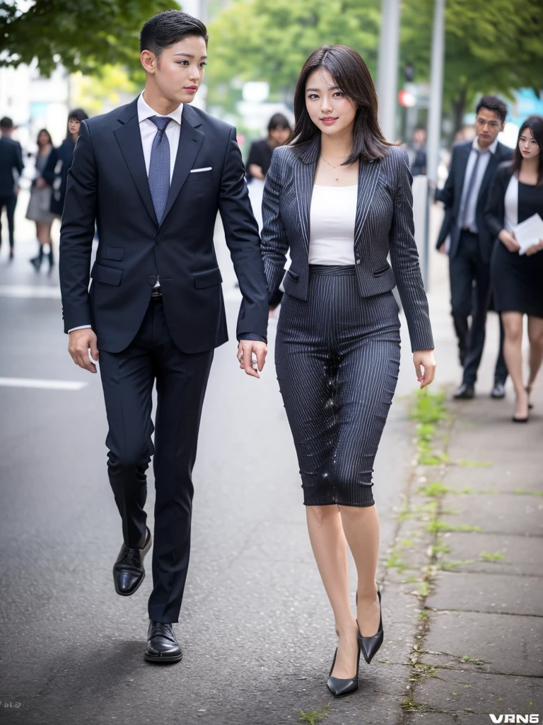 (masutepiece,High quality,16k:1.1),(depth of fields:1.3) ,((front body:1.35)),Japanese ,Woman, ((business suit, black vertical striped pencil skirt )), tights,huge breasts, voluptuous, thicc, curvy,(Looking at Viewer:1.3),(full body shot:1.2),heels,(Beautiful Morning view of town:1.2),peeing self, wetting her clothes, can't hold her pee face, wetting herself desperate, vertical pose, her body can't hold her pee and wets herself ultra desperate in the middle of the cicty in absolute desperaton wetting herself, pee runing down her legs, standing up, hyper pee desperate face, big pee pudle, she is walking and peeing in the same time