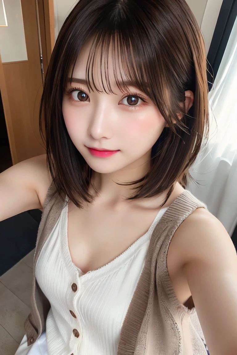 Highest quality, (beautiful)、Super delicate eyes、Brown eyes、22-year-old female、Brown Hair、Selfie、looking at the camera、Semi-short hair、cardigan、camisole、Shoot from above