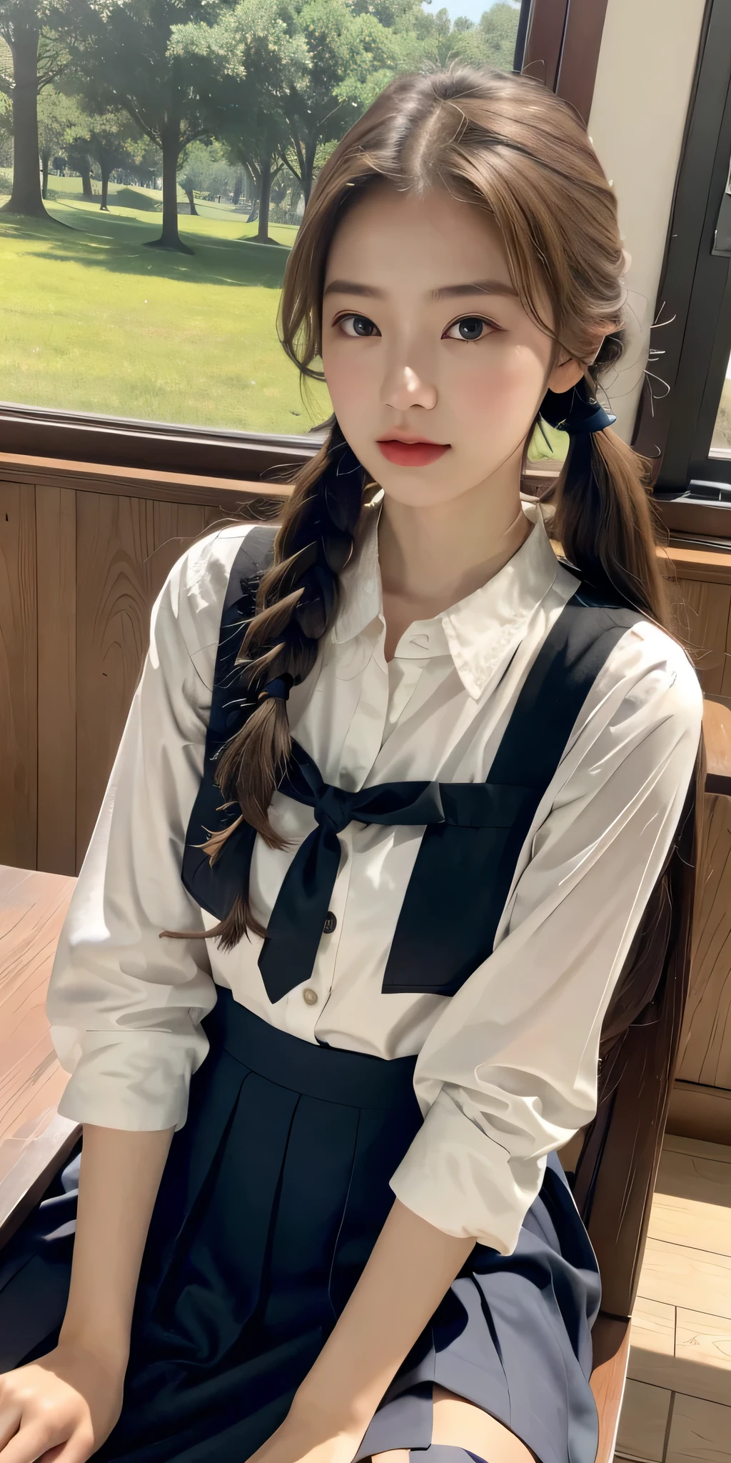 (extremely detailed CG unity 8k wallpaper,masterpiece, best quality, ultra-detailed),school classroom setting,sunlight filtering through trees,beautiful blonde high school girl with twintails and ahoge(D-cup),smartphone in hand,fidgeting with it,beautiful black-haired high school girl,thin and flat-chested, wearing sailor uniform,sitting on chair and having conversation with blonde girl who is sitting on desk,in the evening.