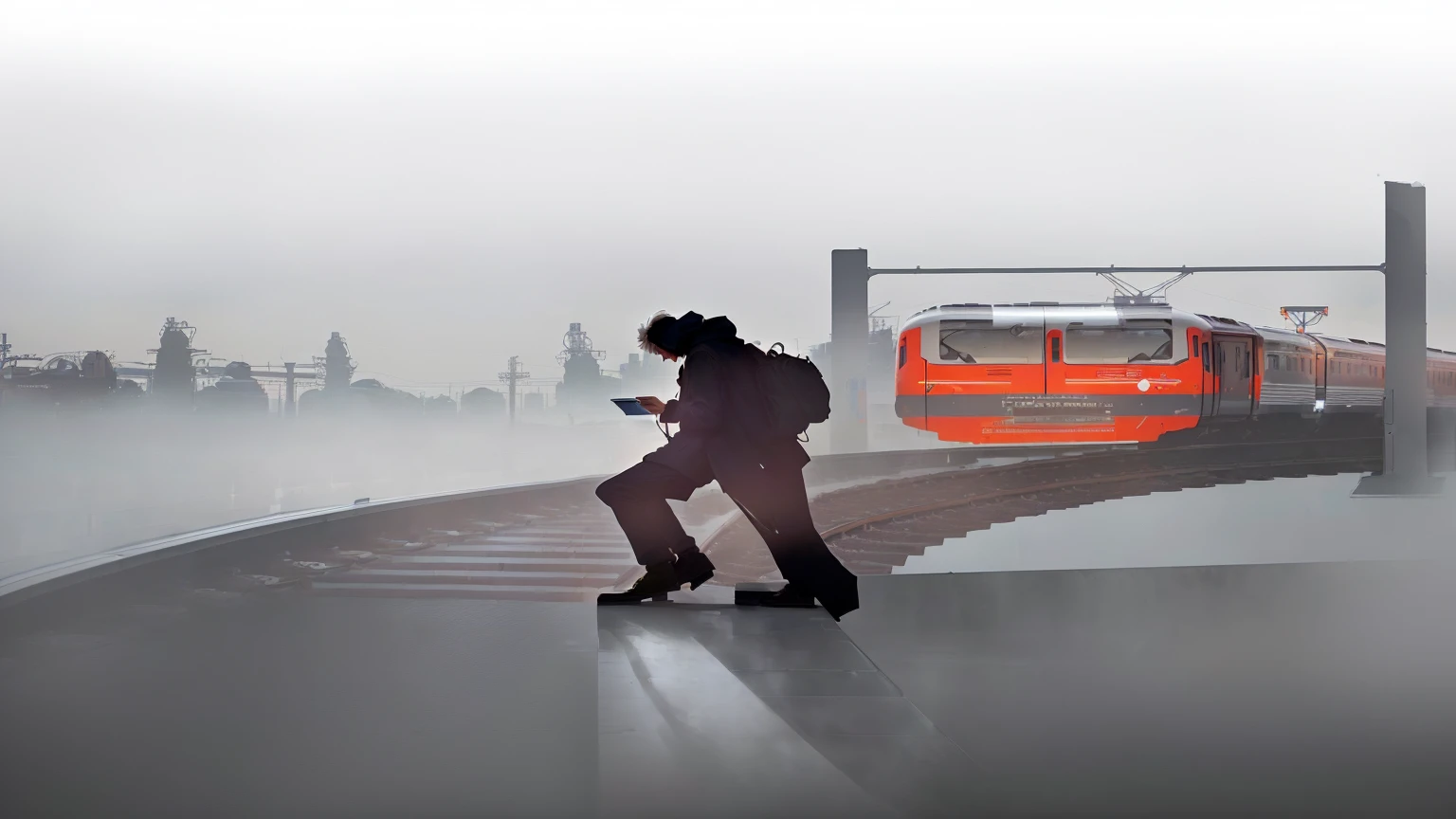 there is a man standing on a platform looking at his phone, train, trains in the background, illustration!, platform, train station background, stylized digital illustration, without text, supersonic trains and passengers, train far, an illustration, fog mads berg, in the early morning, simple illustration, musician, inspired by Stanislav Zhukovsky, the background is misty