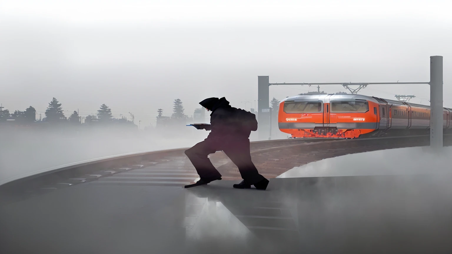 there is a man standing on a platform looking at his phone, train, trains in the background, illustration!, platform, train station background, stylized digital illustration, without text, supersonic trains and passengers, train far, an illustration, fog mads berg, in the early morning, simple illustration, musician, inspired by Stanislav Zhukovsky, the background is misty