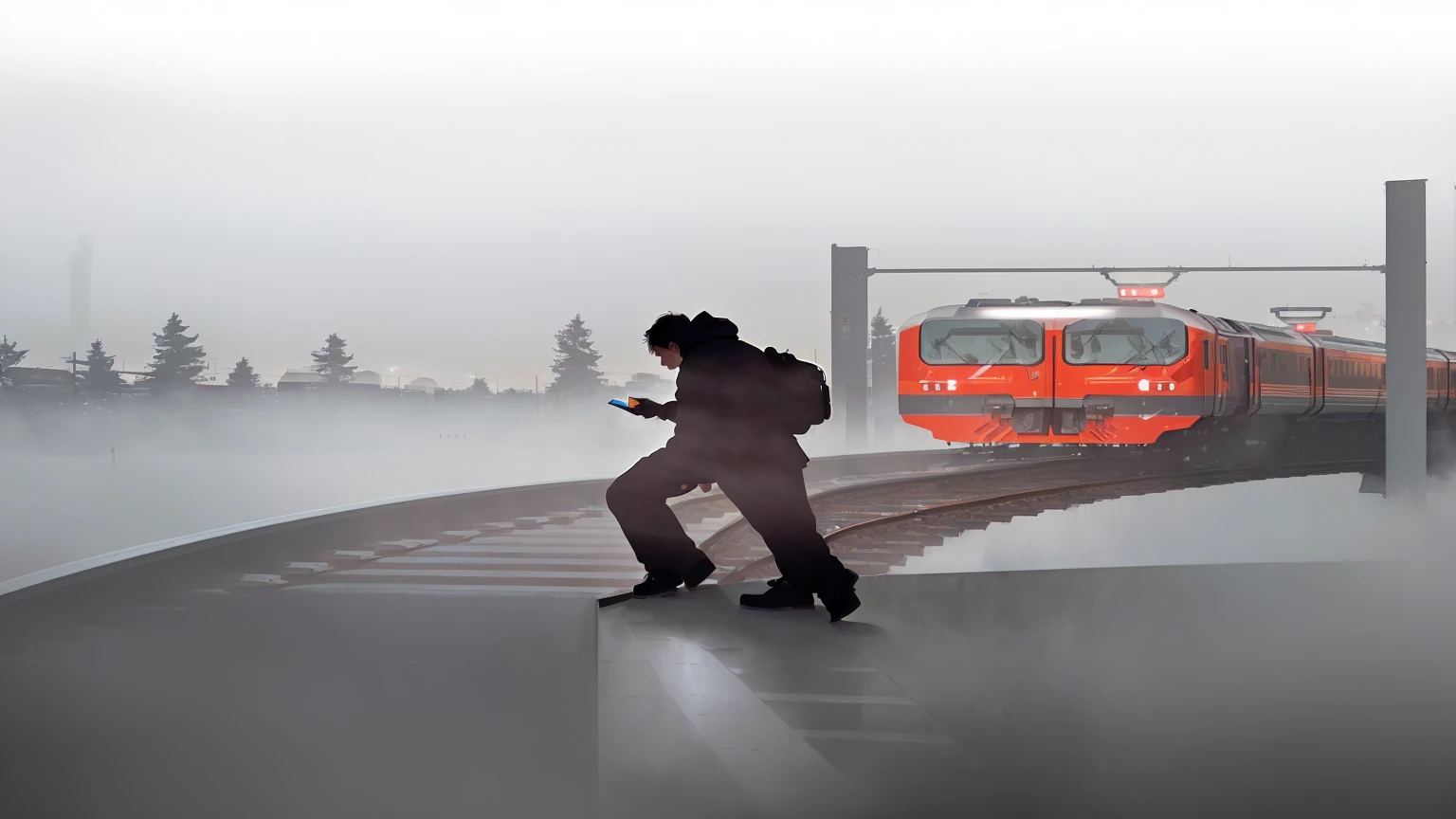 there is a man standing on a platform looking at his phone, train, trains in the background, illustration!, platform, train station background, stylized digital illustration, without text, supersonic trains and passengers, train far, an illustration, fog mads berg, in the early morning, simple illustration, musician, inspired by Stanislav Zhukovsky, the background is misty