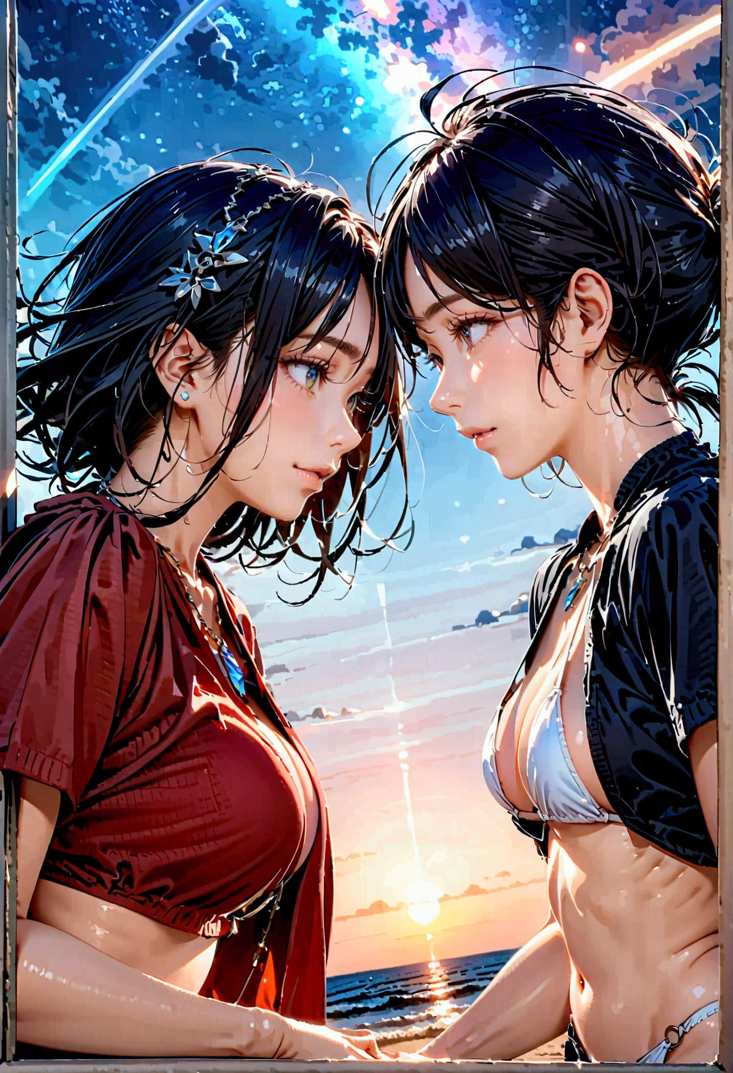 8K, masterpiece, RAW photos, best quality, realistic, very detailed, depth of written boundaries, cinematic light, anatomically correct body,
A beautiful 40-year-old woman, very beautiful face, Really detailed face, (calm and gentle face:1.4), very delicate skin texture, transparent muscles, shiny white skin, glamorous body,
(long wavy black hair:1.2), sexy chest, sexy ass,
(white brazilian bikini:1.4), (detailed cloth texture:1.2), (Gorgeous jewel-encrusted body chain accessory:1.3), (Gorgeous necklace:1.1), (colorful earrings:1.1),
(dark starry background:1.4), (Milky Way:1.1), (Milky Way:1.1), (shooting star:1.1), (dark coastline at night:1.4), (pitch black sea surface:1.4),
(Standing on the beach:1.2),
(low angle shot:1.5),