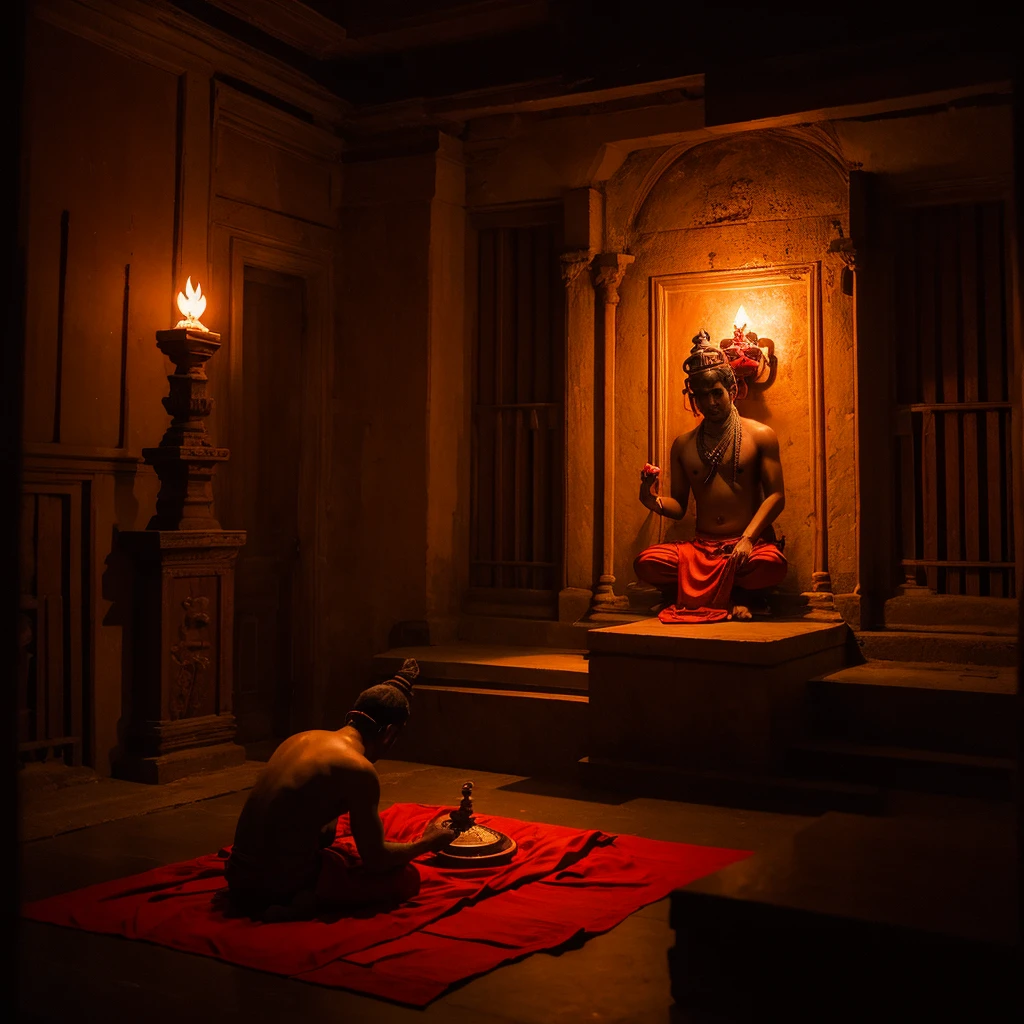 In a dark room, a 50-year-old man wearing a red cloth is sitting on the floor performing yajna at the yajna altar.  Only the back of the man is visible.  The dark room is dimly illuminated by the light of the sacrificial fire.  On the wall in front of the manor is a statue of Hindu goddess, seated on Padmasana.