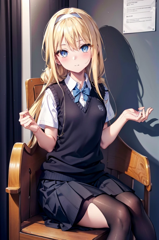 Arisburg, Alice Zuberg, bangs, blue eyes, Blonde Hair, Hair between the eyes, Very long hair, hair band, white hair band,smile,blush,
break outside, Residential Street,city,break skirt, shirt, bow, ribbon, , white shirt, Short sleeve, Pleated skirt, collared shirt, mini skirt, bowtie, Black Loafers , Black Skirt, Black pantyhose, Brown loafers, green bow, Sweater vest, ( blue Sweater vest:1.5),sitting cross-legged on a chair,breakindoors ,School,classroom,
break looking at viewer, whole body,
break (masterpiece:1.2), highest quality, High resolution, unity 8k wallpaper, (shape:0.8), (Fine and beautiful eyes:1.6), Highly detailed face, Perfect lighting, Highly detailed CG, (Perfect hands, Perfect Anatomy),