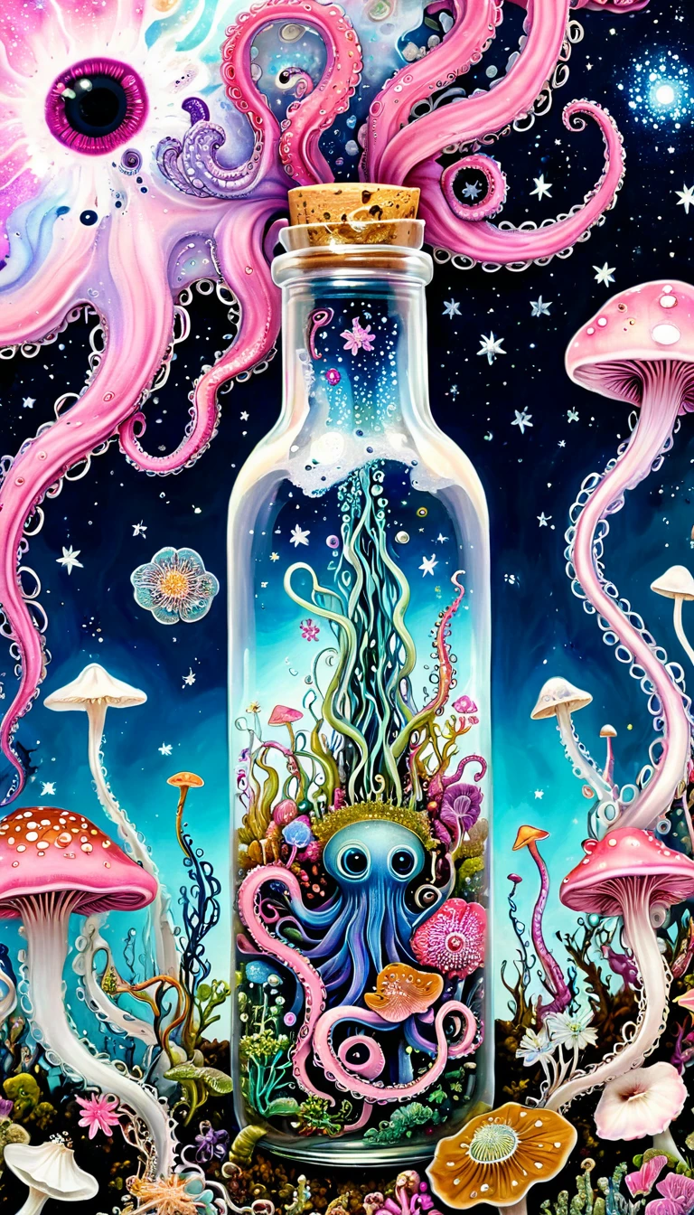 &quot;Dick Ellescas Artist Style&quot; Tentacles in a Bottle，bacteria，Spore powder，Fungi，Marine Life，plant，flower，Tentacles，Eye、Starry Sky，Stitching together an abstract painting，Describing the inner world of autistic people，Sense of space，White Space，interesting，Innocence，Psychedelic Art，Pink theme