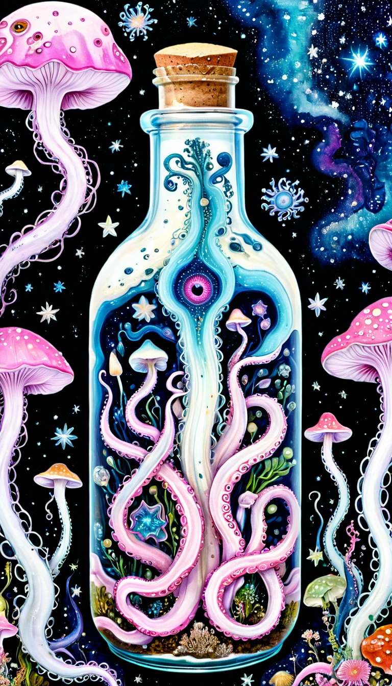"Dick Ellescas Artist Style" Tentacles in a Bottle,bacteria,Spore powder,Fungi,Marine Life,plant,flower,Tentacles,Eye、Starry Sky,Stitching together an abstract painting,Describing the inner world of autistic people,Sense of space,White Space,interesting,Innocence,Psychedelic Art,Pink theme